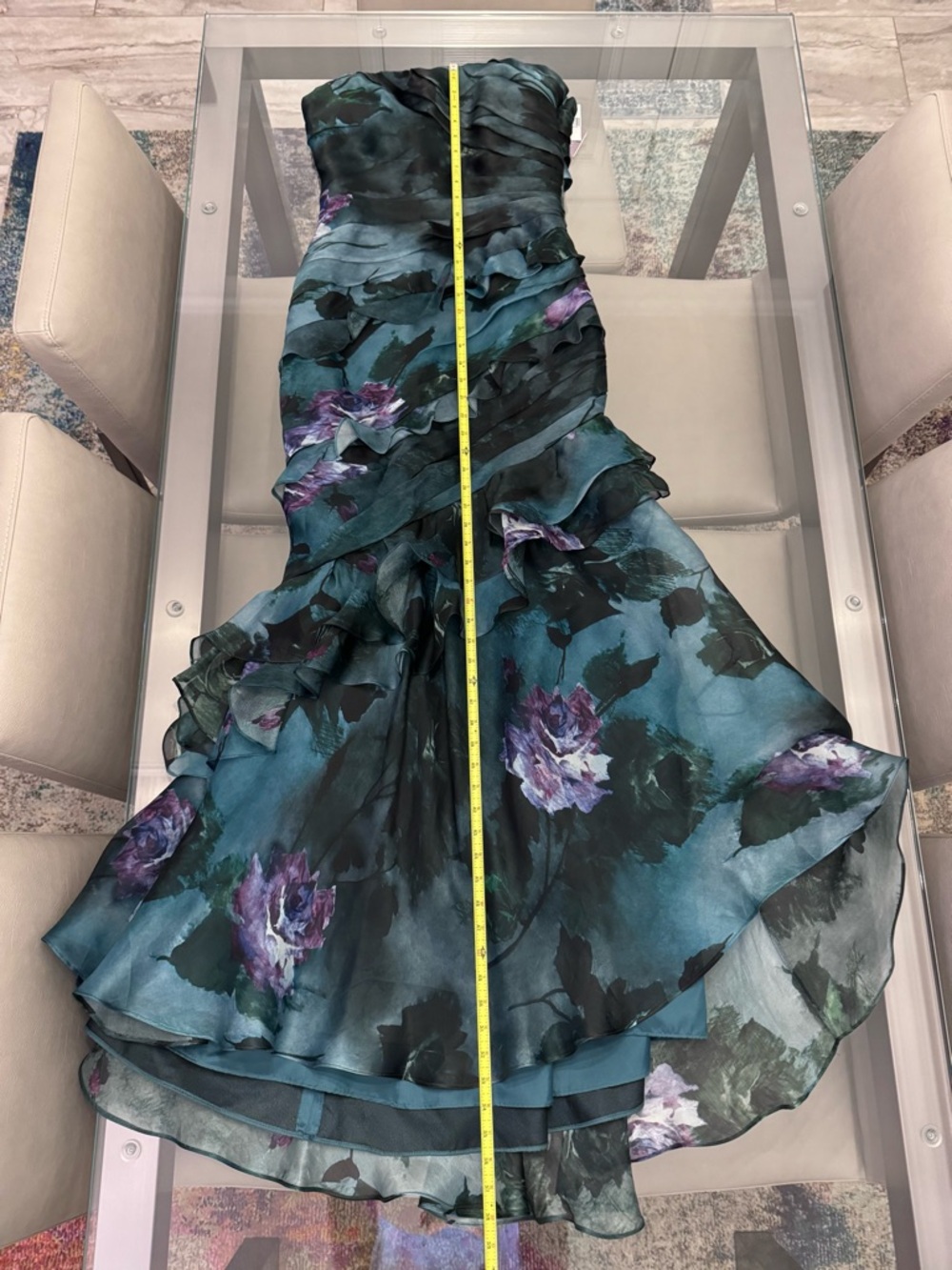 Theia Dark Teal & Purple Floral Strapless Ruffled Gown Size 8 NWT ⭐️⭐️⭐️⭐️⭐️ - Picture 8 of 11